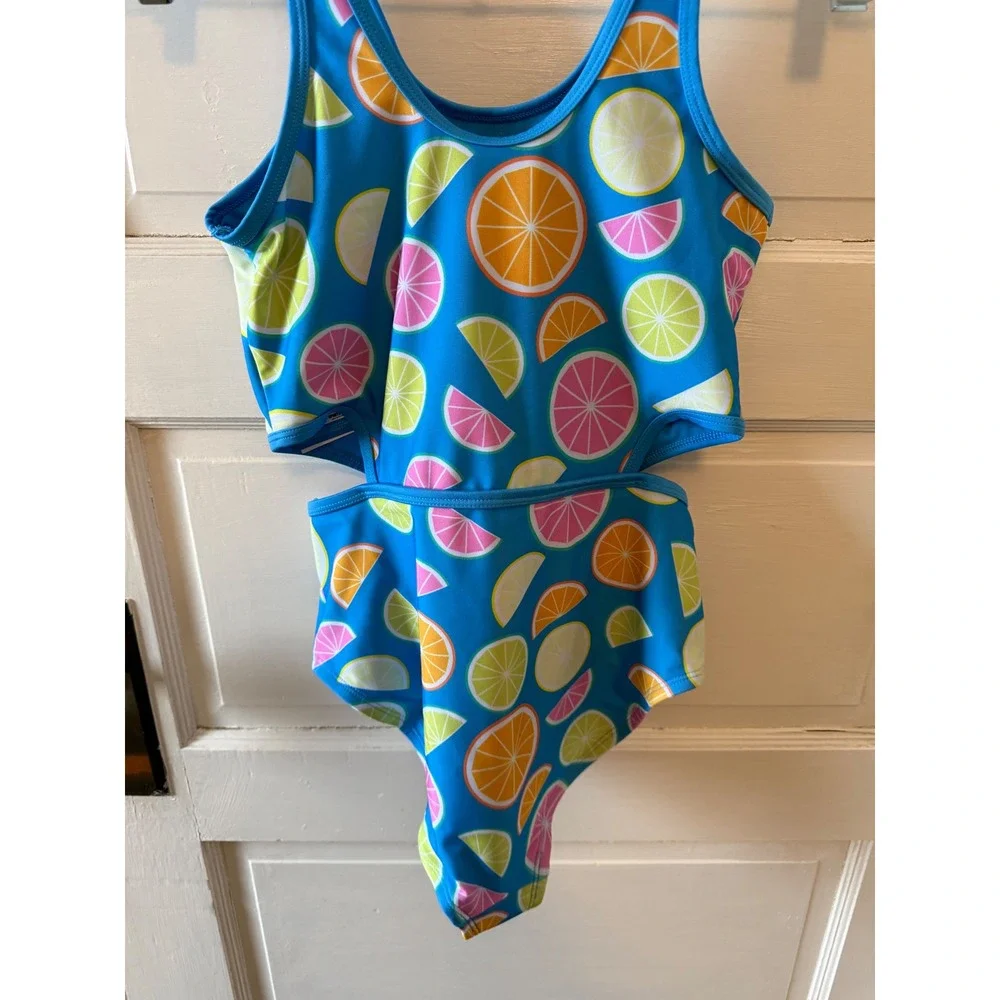DSG Kids Girls Blue Citrus‎ Fruit Cutout One Piece Swimsuit Size L